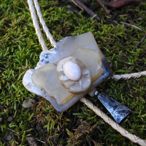 Source Unknown Other - Handmade Artisan Moss Agate & Mexican Opal Bone Silver Bolo Tie